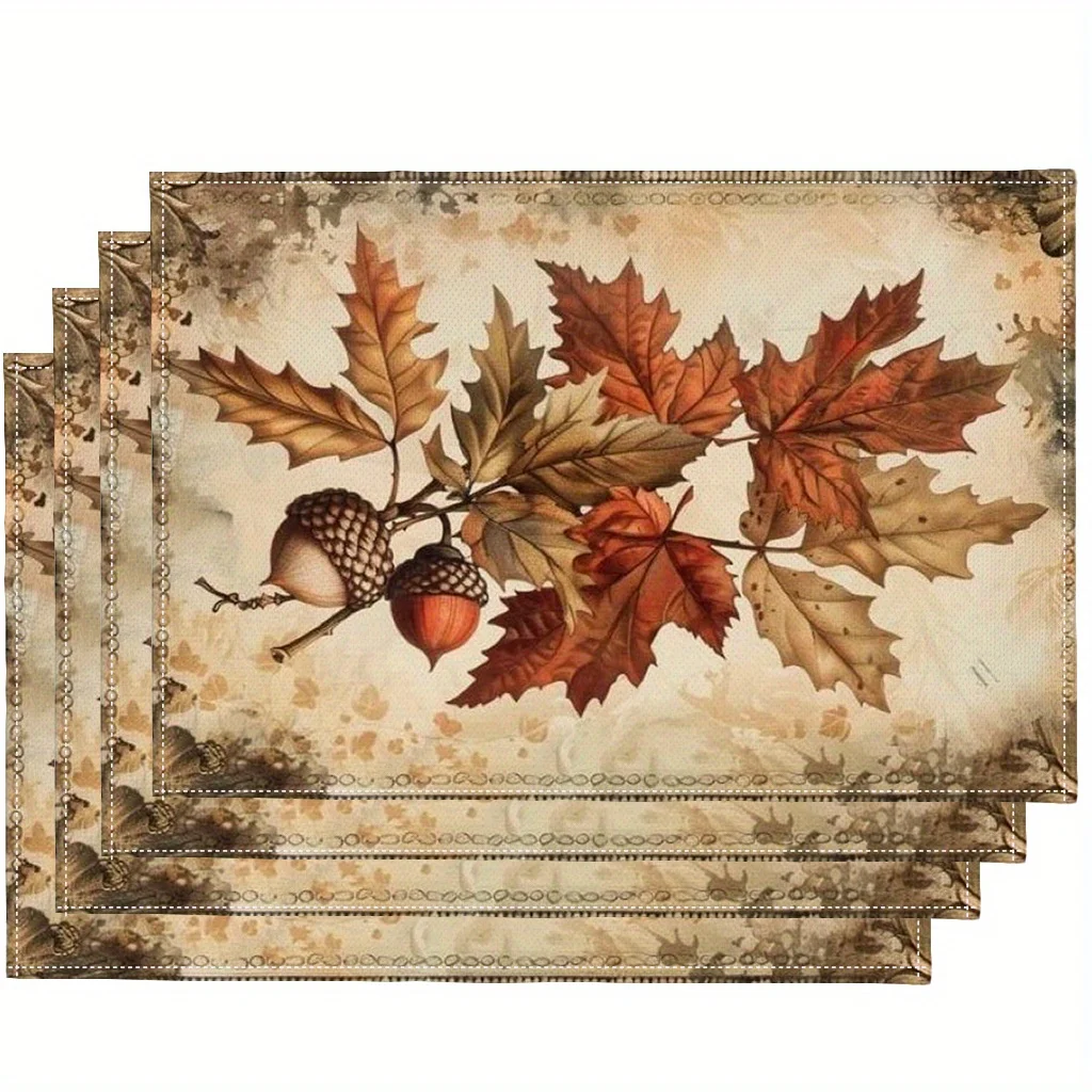 Vintage Fall Maple Leaf Acorn Distressed Beige Background Print Rectangular Placemats Set Autumn Farmhouse  Table Decor Mats