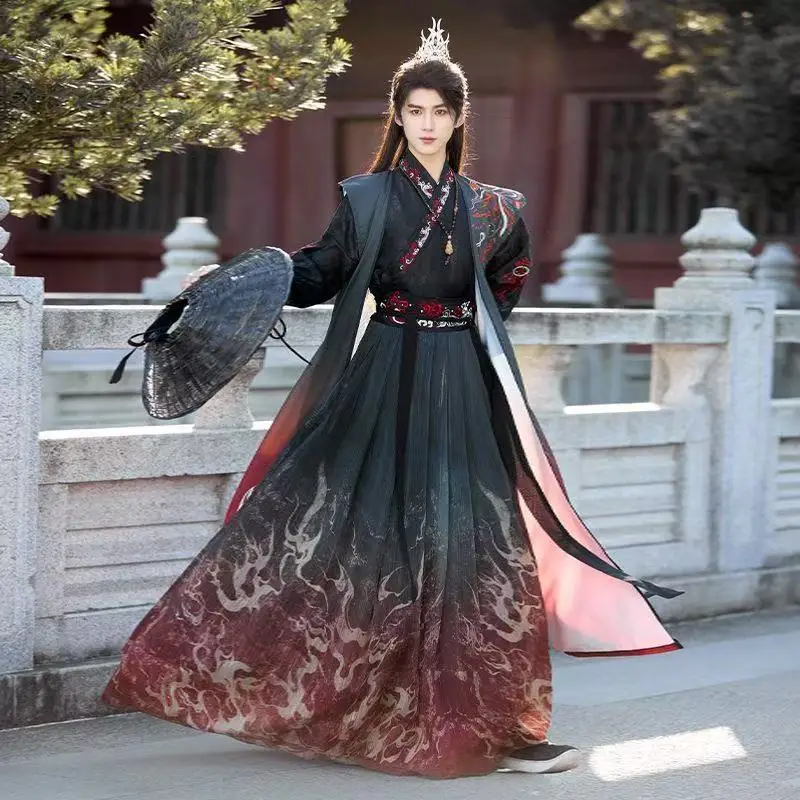 Men's Ancient Black Red Fire Hanfu Traditional Weijin Period Cross Collar Costume Niche Swordsman Cosplay Outfits Dance Dress