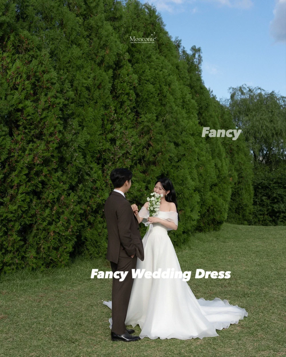 Fancy Princess Korea Organza Wedding Dress Off Shoulder Short Sleeve Bridal Gown Floor Length Back Corset Customized