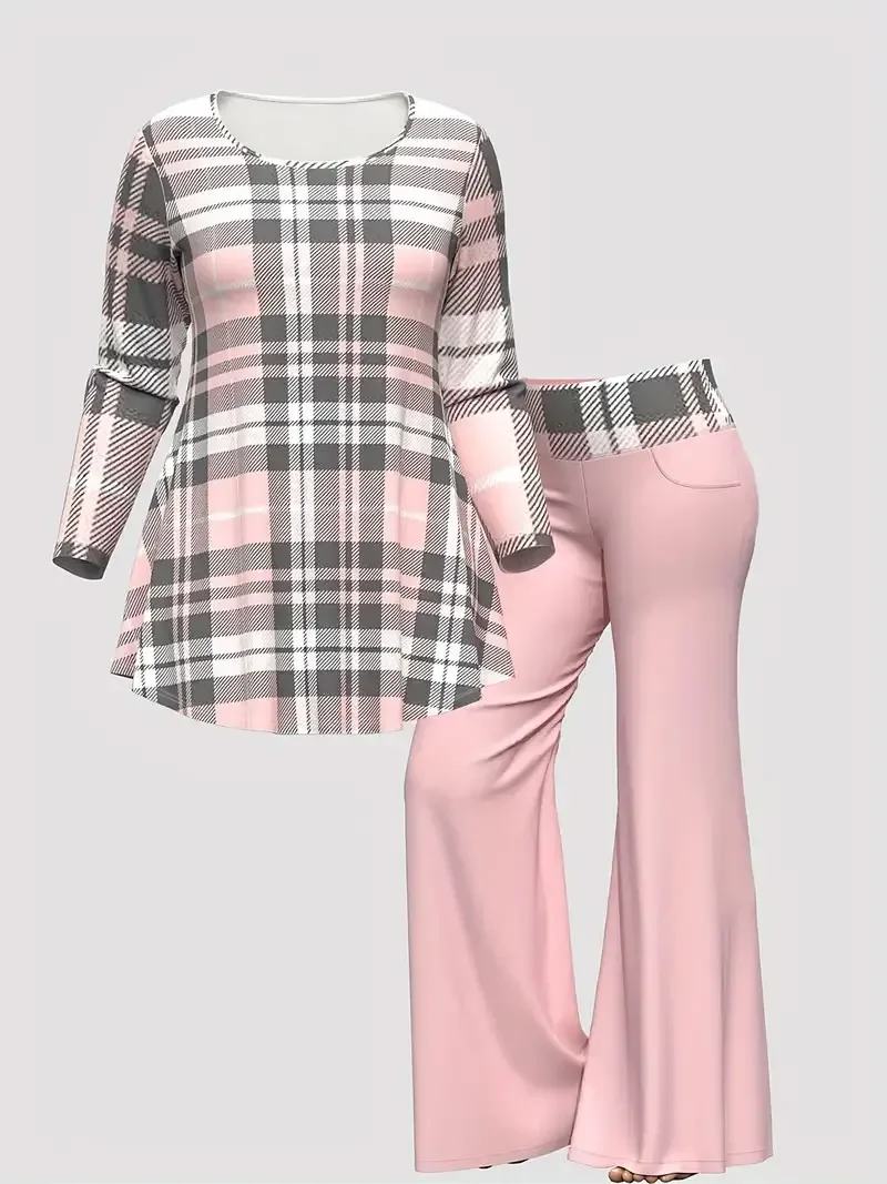 Women\'s Casual Outfits Set Plus Size Plaid Print Long Sleeve Round Neck Top & Flared Leg Pants Matching Set 2 Piece Set