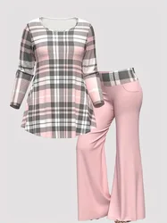 Women's Casual Outfits Set Plus Size Plaid Print Long Sleeve Round Neck Top & Flared Leg Pants Matching Set 2 Piece Set