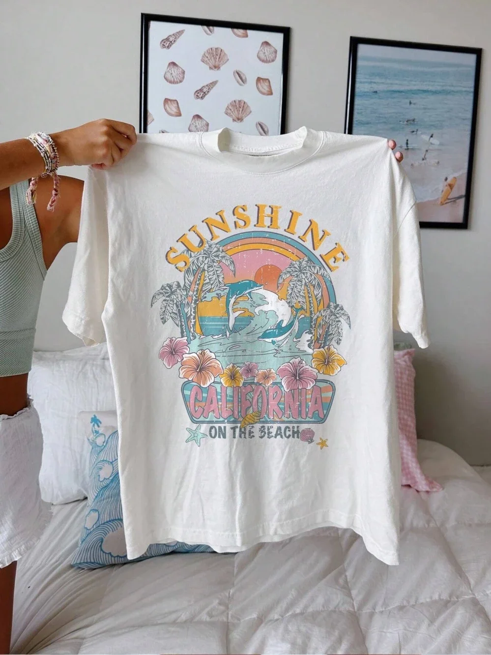 Sunshine California on The Beach Letter Graphic Tshirt Women Casual Short Sleeve Clothes Street Loose T-Shirt Women Clothing Y2K