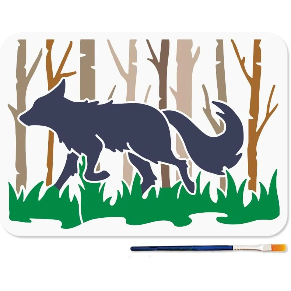 Forest Fox Stencil Tree Fox Grass Templates 11.7x8.3inch Reusable Wildlife Forest Animal Stencil with Paint Brush A4 Template