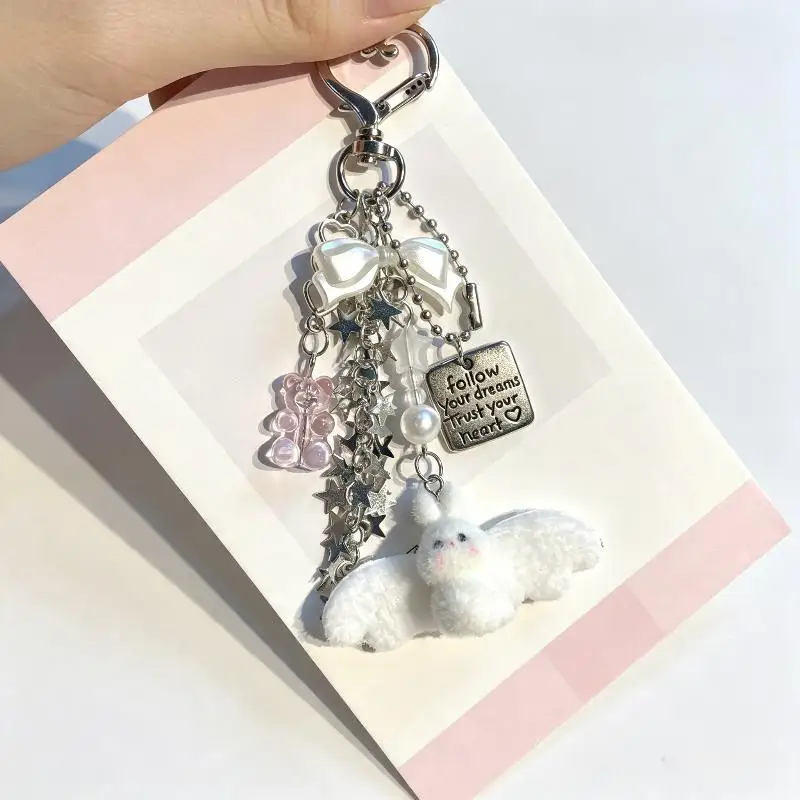 Niedlicher Engel-Häschen-Schlüsselanhänger, weicher Plüsch-Anhänger mit Schleife und Sternen-Charms, perfekt als tägliches Geschenk für Mädchen, Rucksack-Deko. – Detail 3