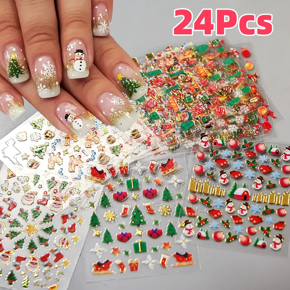 24Pcs 3D Christmas Elements Nail Stickers Cute Santa Claus Snowman Pine Elk Snowflakes Nails Decals Winter Xmas Manicure Decor N