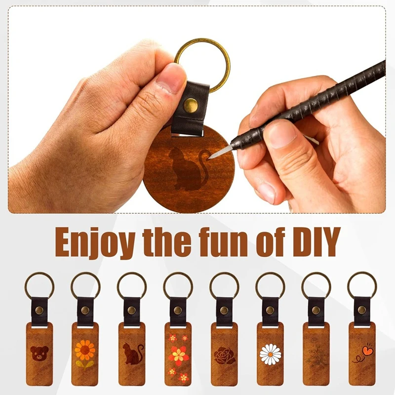 50Pcs Wooden Keychain Blanks With Leather Strip, Round & Rectangular Unfinished Wooden Keychains For DIY Crafts Gifts