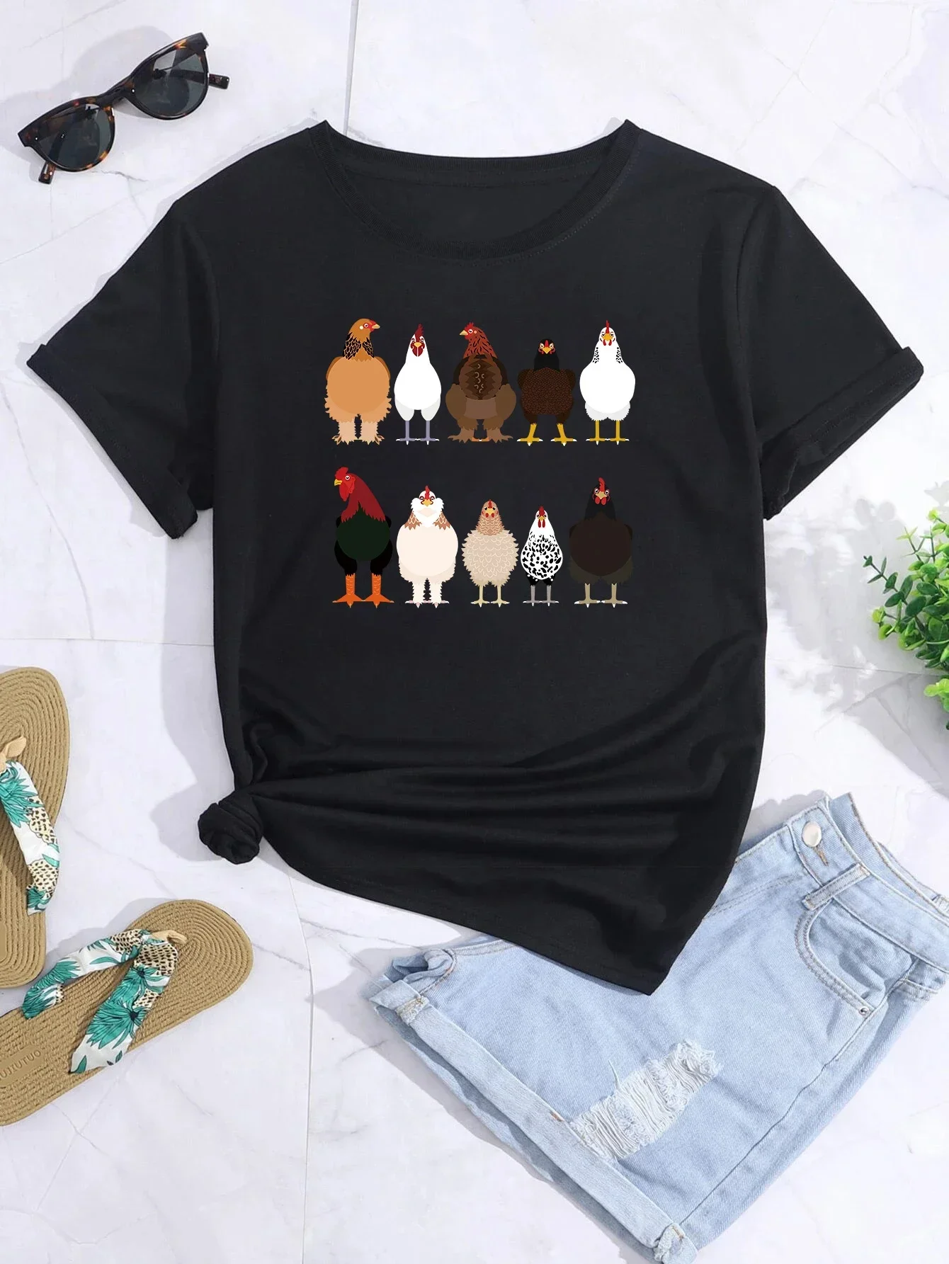 

Chicken Print Crew Neck T-shirt, Casual Loose Short Sleeve Fashion Summer T-Shirts Tops, Women's Clothing