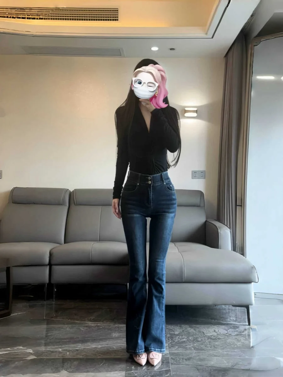 Hoge Taille Bell Bot Jeans Dames Denim Broek met Ingebouwde Heup Verbetering Pad Taille Cinching Heup ing Butt Lifting