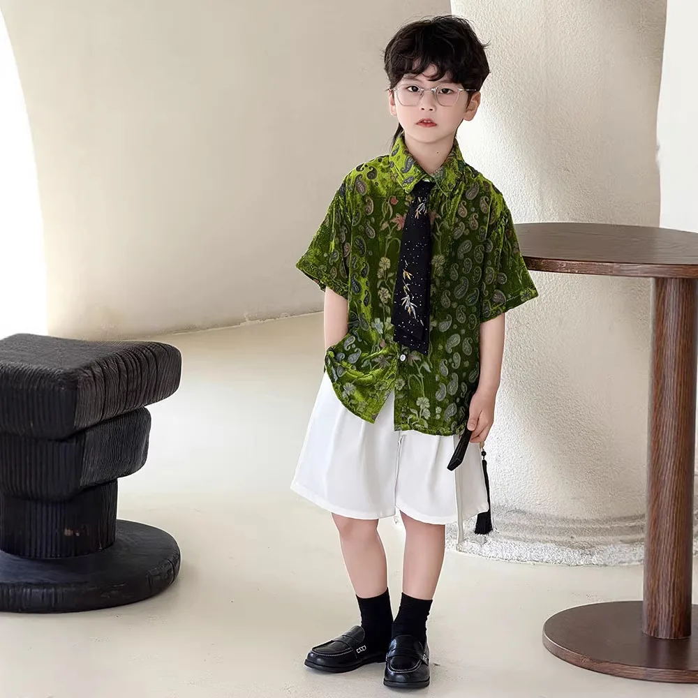 Boys Velvet Shirt Shorts Set Kids Summer Outfit with Tie Toddler Boy Gentleman Party Wear Children Fashion Casual Suit 8 10 Year