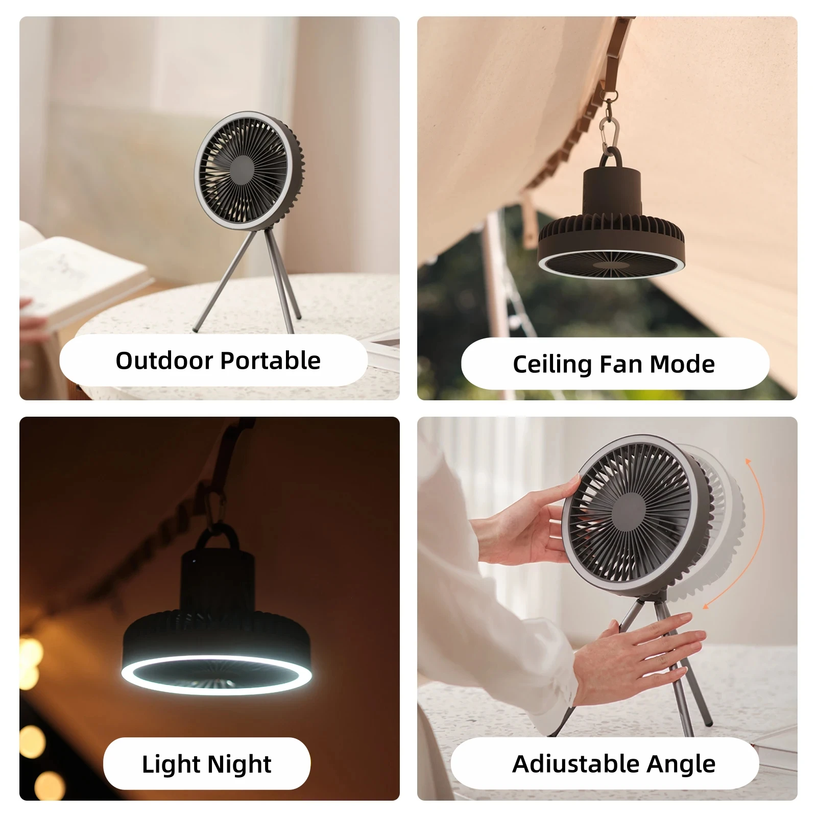 Camping Fan 10000mAh Rechargeable Desktop Portable Air Circulator Wireless Ceiling Electric Fan with Power Bank LED Light Tripod