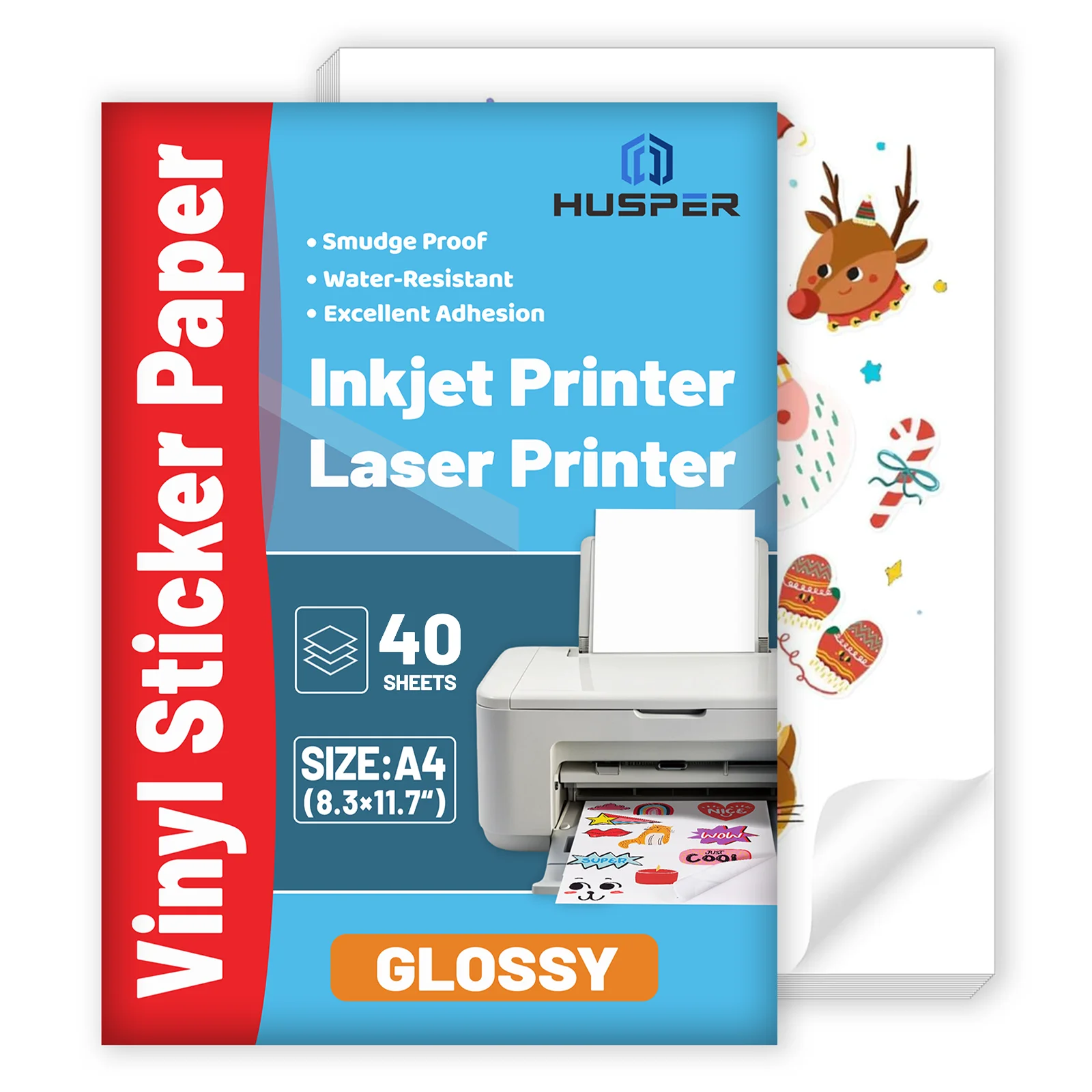 40 Sheets A4 Premium Glossy Vinyl Sticker Sheets 8.3 x 11.7 inch Self-adhesive Waterproof Label Compatible with Inkjet Printers