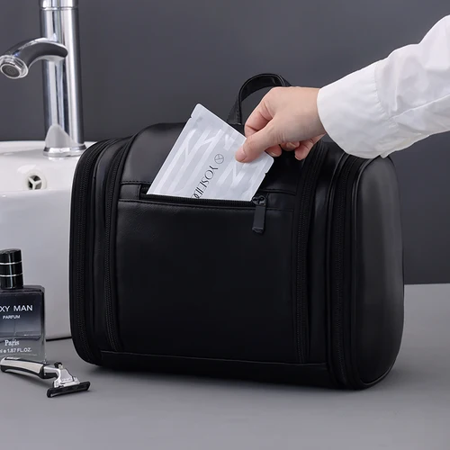 Imagen 2 del producto Nueva bolsa de almacenamiento de artículos de tocador impermeable de gran capacidad con gancho, bolsa de cosméticos portátil, bolsa de aseo de viaje con separación húmeda y seca