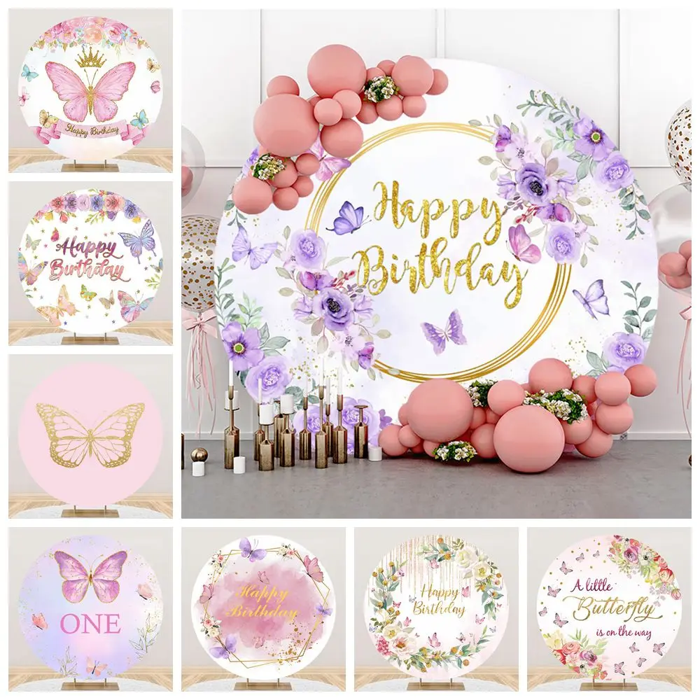 

Flowers Butterfly Birthday Party Round Backdrop Cover Baby Shower Princess Girls Kids Custom Circle Photography Background Decor