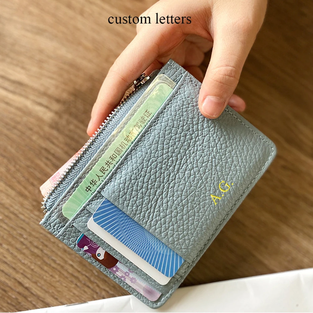 Tarjetero de cuero genuino con cremallera, monedero ultrafino con logotipo de letra personalizado, envío directo, cartera pequeña para tarjetas de crédito de piel de vaca para hombres y mujeres