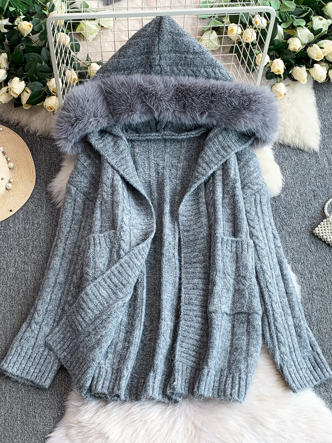 

Trendy Fur Lined Hooded Knit Sweater Women's Winter Thiened Loose Top Online Exclusive Commute Sle Mid-Length Coat
