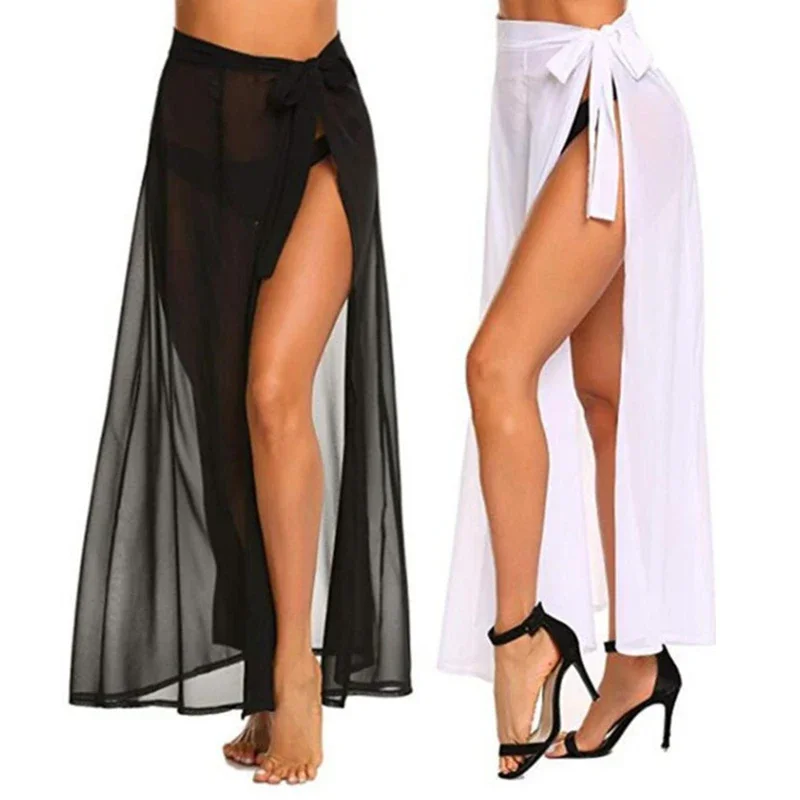 

Однотонные шифоновые накидки на шнуровке для купальников, женские прозрачные сексуальные длинные юбки с разрезом, пляжный отдых, солнцезащитный крем, накидка на бикини