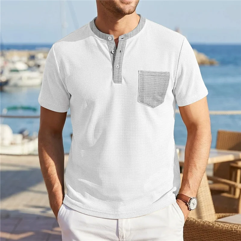 2026 Summer Men's Henry Collar Short Sleeve Tshirt Business Casual Patchwork Pull On Tees Tops Male Breathable Beach T Shirt