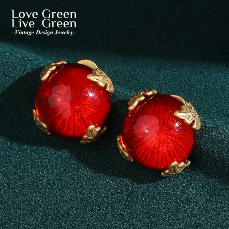 

Vintage Retro Gold Color Leaf Red Earrings Stud Woman Sugar Round Glaze Antique Designer Gift Daily Formal New In 2025 Trend