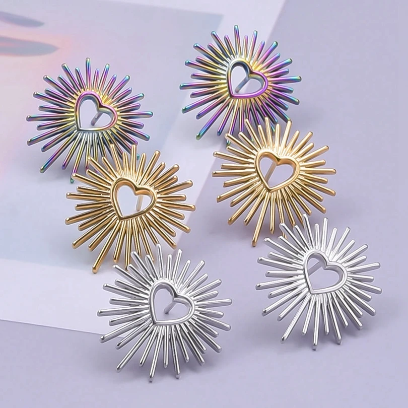 Fashion Fireworks Heart Sun Earring Hollowing Out Ear Studs For Men Women Stainless Steel Earrings With Earplugs Jewellery Gift