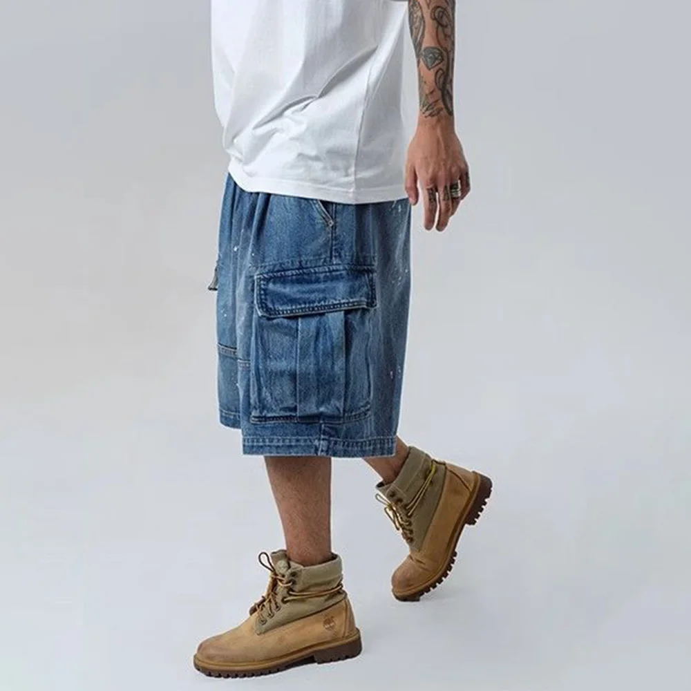 Shorts jeans de bolso múltiplo Y2k masculino, calças retas soltas de perna larga de cinco pontos, tendência da moda verão, 2024