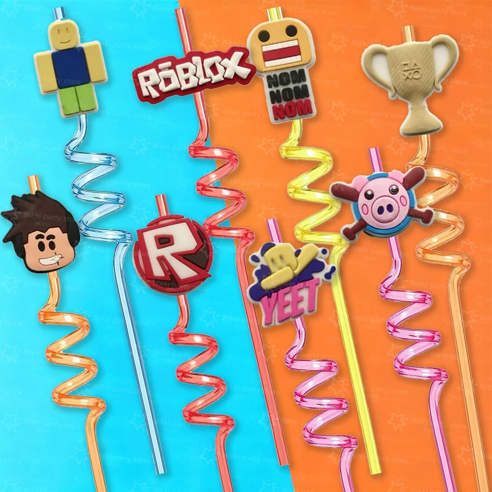 Соломенное украшение Roblox на день рождения, мультяшная фигурка робота, пластиковые соломинки, сувениры для вечеринки, многоразовая соломинка, подарки для детей на день рождения
