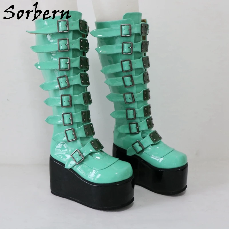 Sorbern Fashion Punk Style Boots Women Knee High Wedges Comfortable Buckles Straps Fetish Drag Queen Shoe Custom