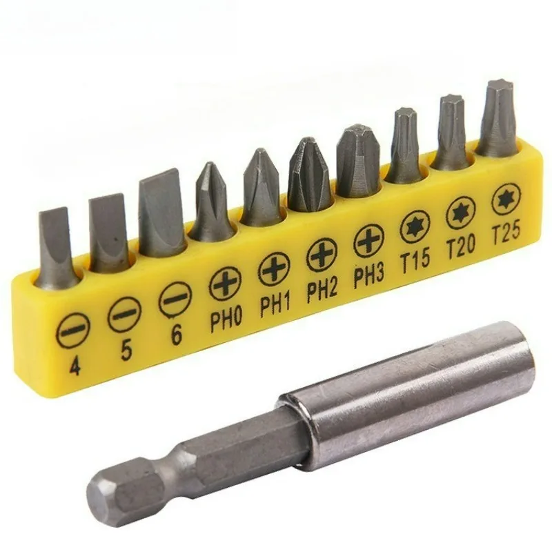 New 10pc 60mm Conversion Extension Rod Woodworking Power Tool Set Rubber Strip Cross Screwdriver Head Bit
