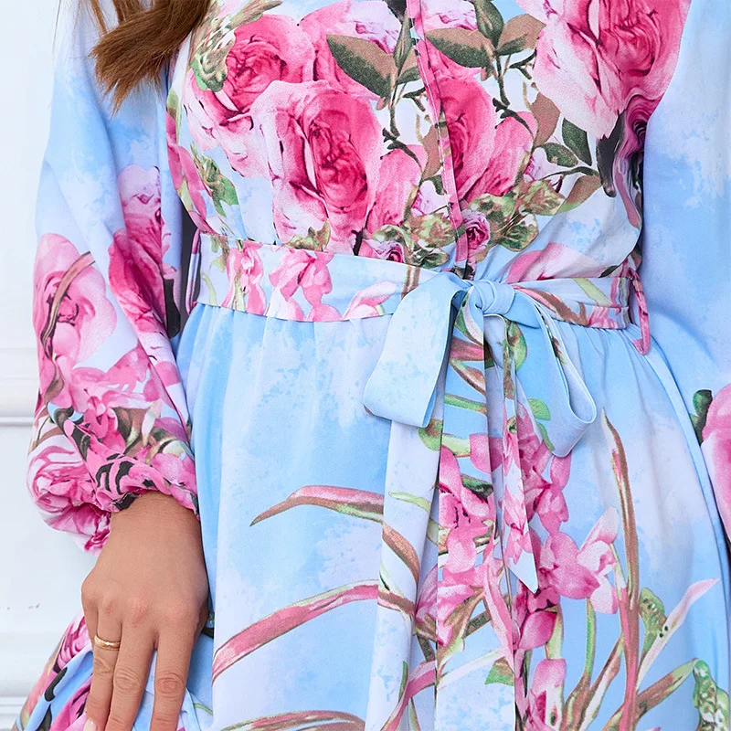 Tinaa Holiday Plus Size Dresses Women 2025 Spring Autumn New A-line Printing Lantern Sleeve Party Beach Long Dress with Belt
