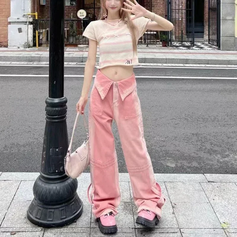 With Pockets High Waist Shot Straight Leg Pants for Women Pink Womens Jeans Fitted 2024 Trousers Korean Style Cheap Good Quality