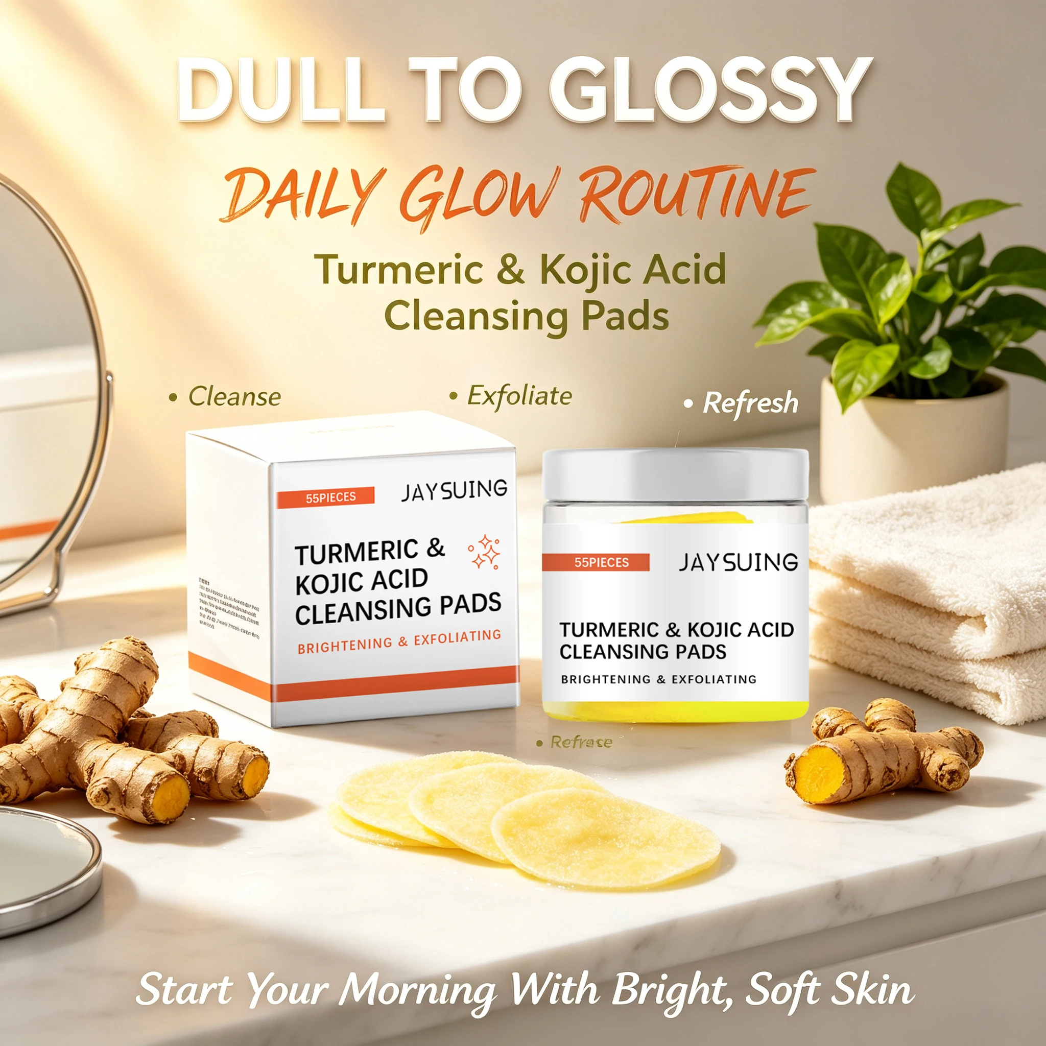 Turmeric Kojic Acid Cleansing Pads Pre-soaked Facial Exfoliating Sponge Wipes For Exfoliating Pore Tightening Glowing Skin