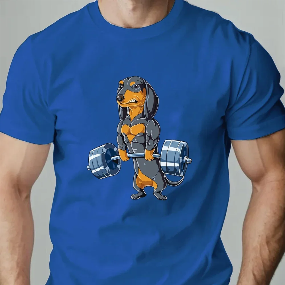 الصالة الرياضية تي شيرت رجل جرو عقد الدمبل الكرتون نمط ثلاثية الأبعاد طباعة الرجال الجولة الرقبة الرياضة تنفس ملابس قصيرة الأكمام