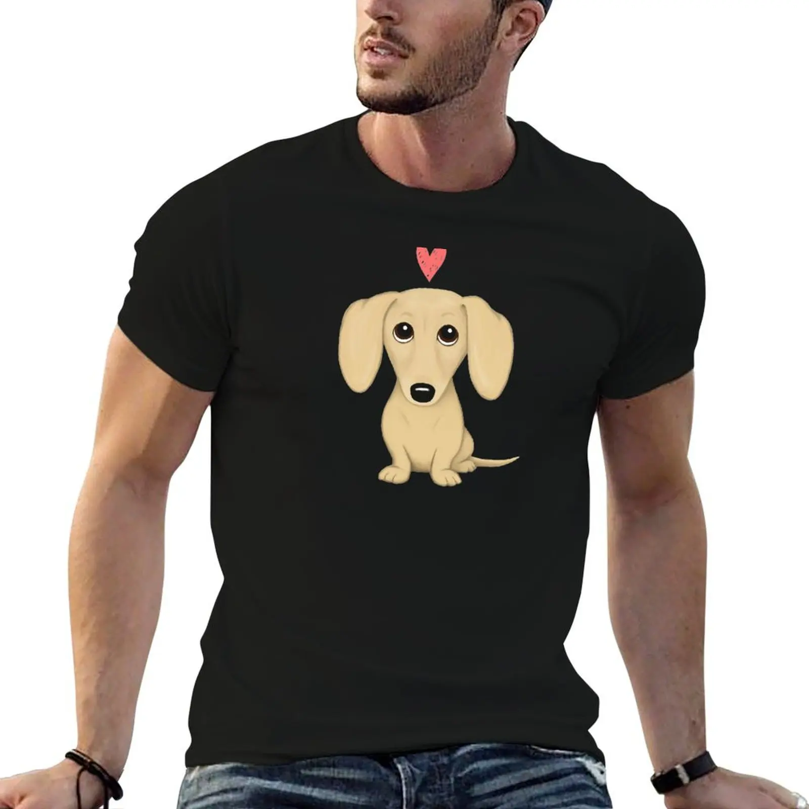 Cream Smooth Coated Dachshund Dog Cartoon with Heart T-Shirt High Elasticity Sports Tee Shirt