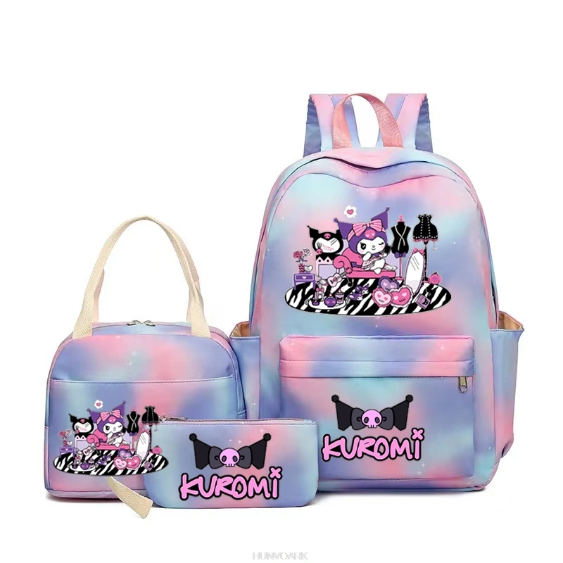 Interrupteur sac à dos Kuromi Melody Cartoon, sac à lunch pour adolescents, femmes, hommes, étudiants, sac à dos de voyage pour ordinateur portable, 3 pièces