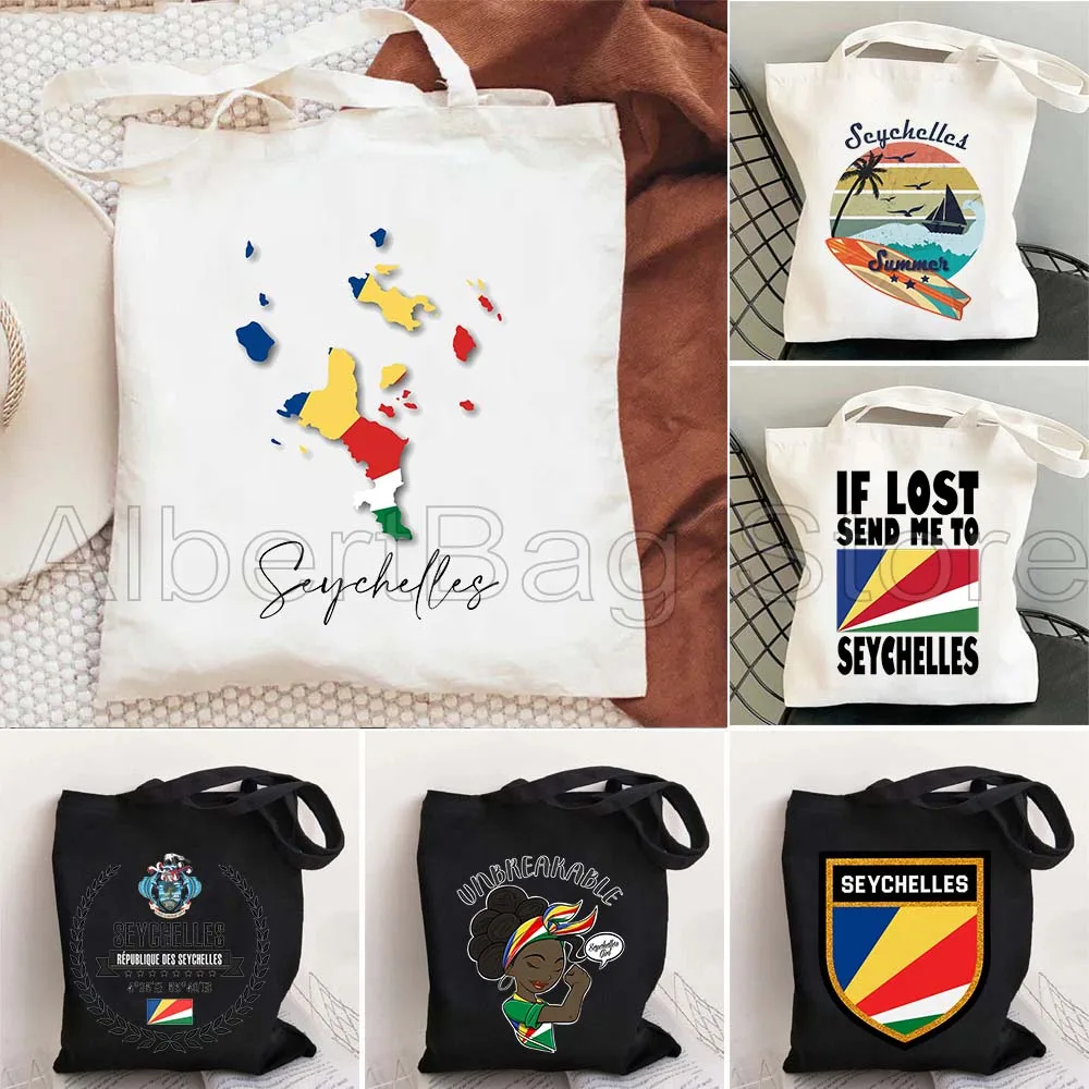 

Seychelles Map Flag Tropical Island Beach Palm Trees Cute Gifts Durable Shoulder Canvas Tote Bag Grocery Shopper Shopper Handbag