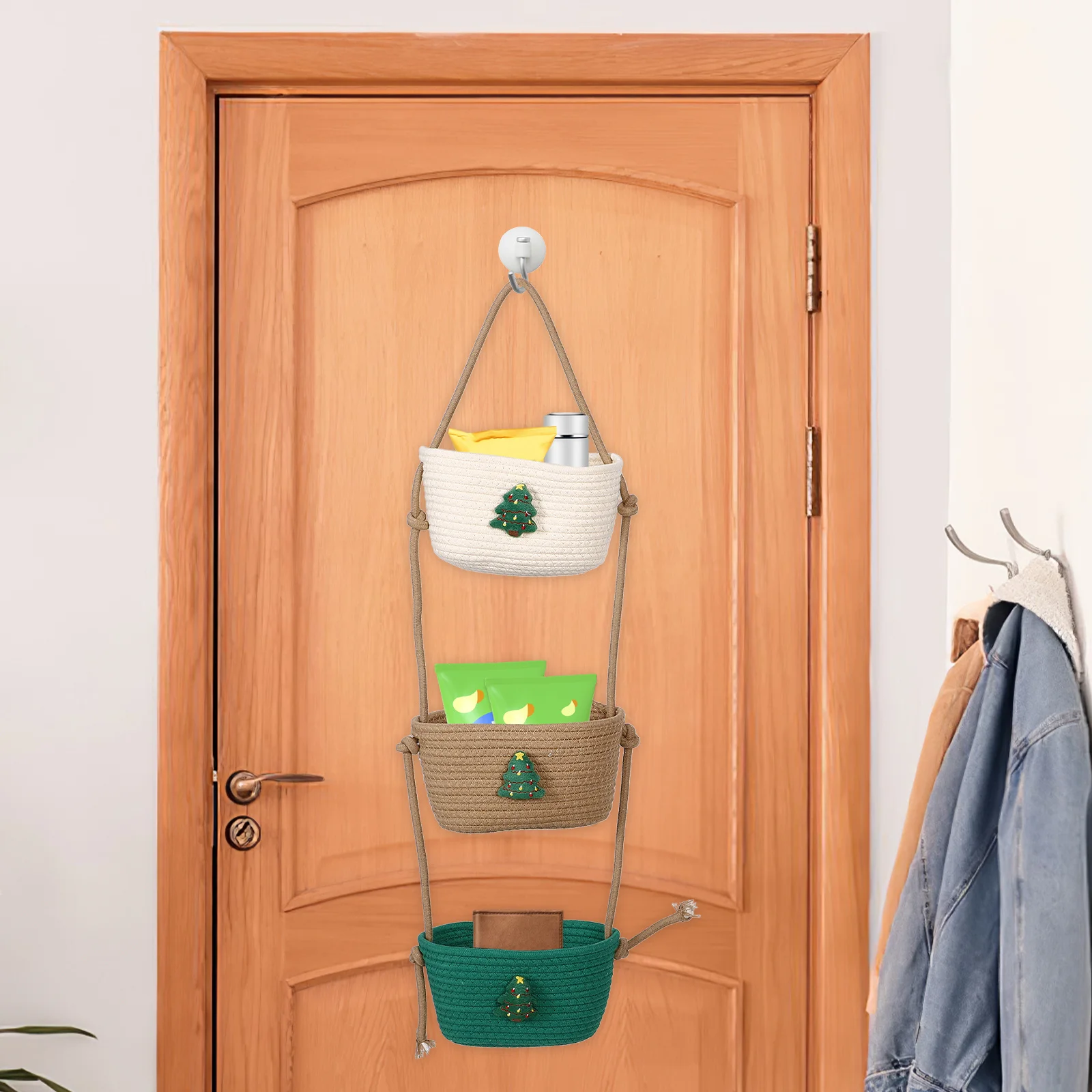 

Multi-Tiered Wall Hanging Storage Basket Small Cotton Rope Woven Basket Decorative Plants Holder Sundries Organizer Round