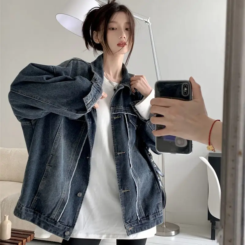 2023 Spring Autumn Streetwear Short Denim Jacket Women Lapel Single Breasted Harajuku Long Sleeve Tops Clothes Jean Coat Outwear