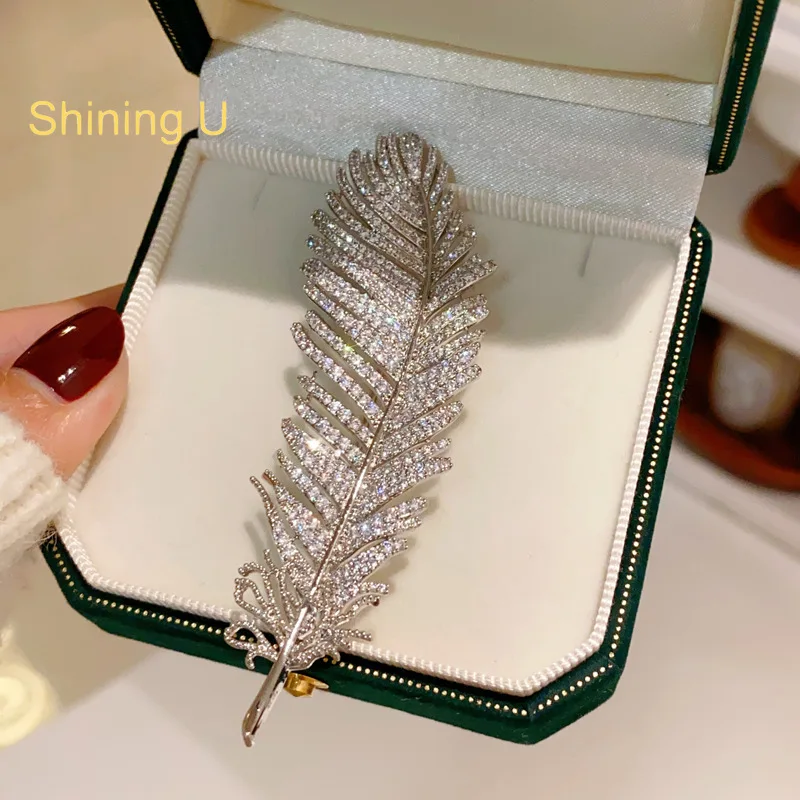 Shining U Light Luxury Feather Full Zircon Gems Brooch for Women Men Fashion Accessory New Year Gift