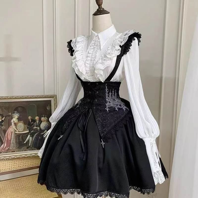 

Charlotte Lantern Sleeve Shirt Black White Light Thin Lolita Gothic Long Sleeved Shirtble