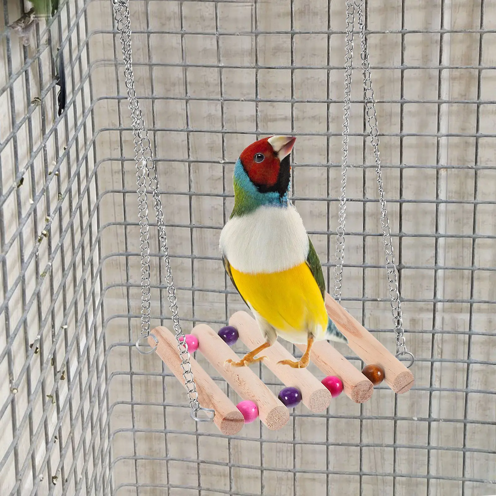 2Pcs Wooden Hanging Bird Swing Bridge Parrot Climbing Playground Stainless Steel Chain Colored Beads Pendant for Cage Garden