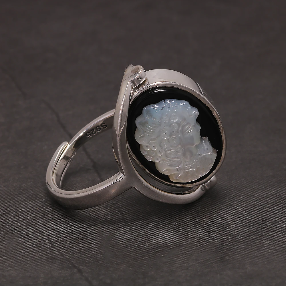 TZgrams Original 925 Silver Black Onyx Cameo Portrait Rings For Women White Shell Face Oval Open Ring Vintage Simple Jewelry