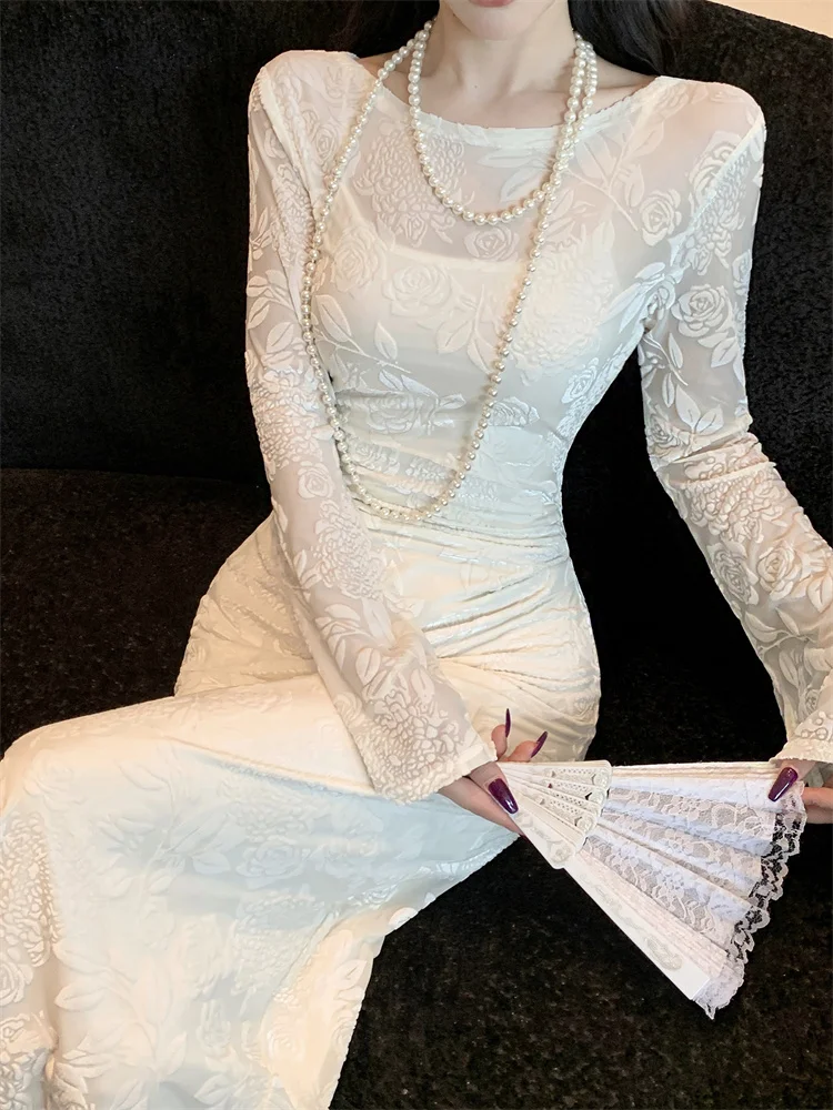 Romantische fluwelen jacquard kanten verjaardagsjurk lente en herfst nieuwe stijl slanke binnenbandjurk en zeemeerminjurk tweedelige set