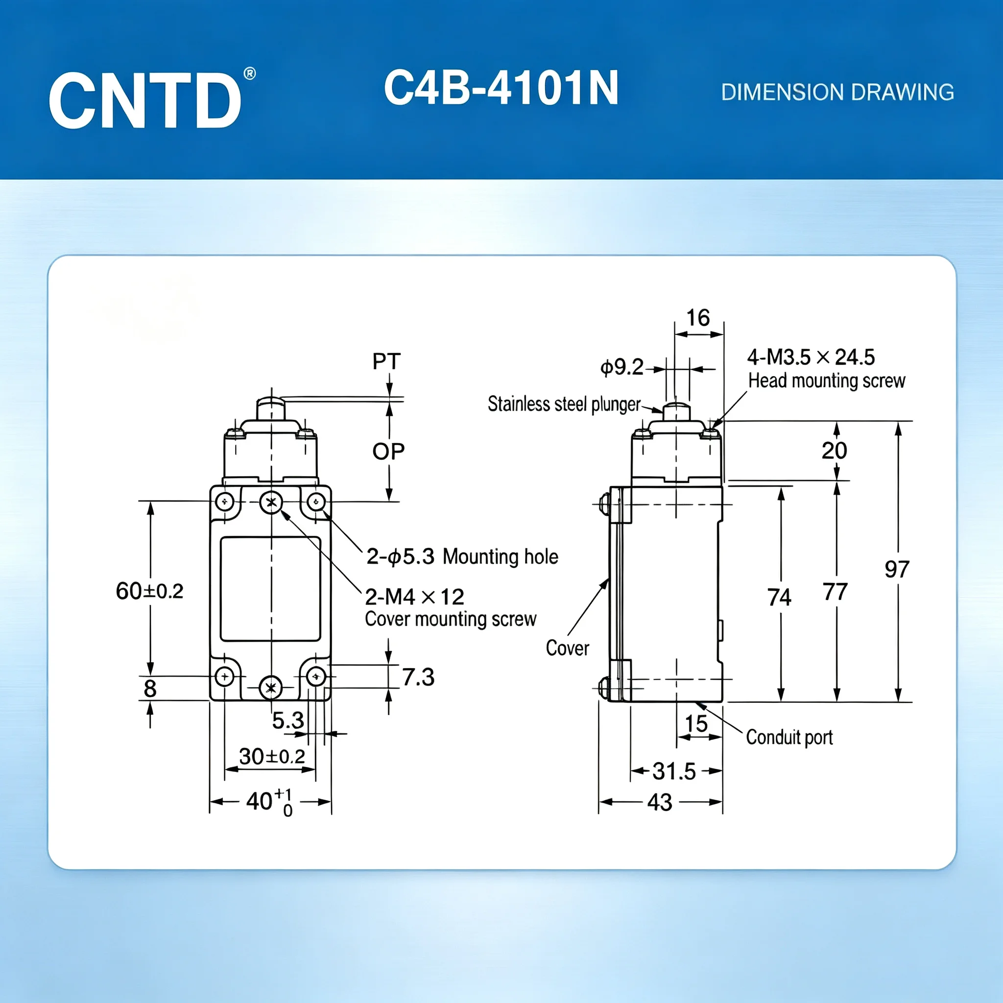 Safety Limit Switch, CNTD C4B‑4101N metal housing NO NC top plunger contact, 10A 250VAC IP66, position trigger sensor