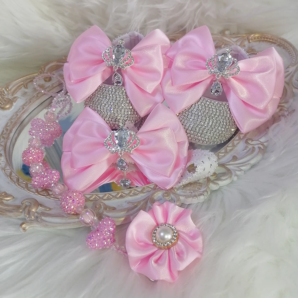 Handmade Bow Rhinestones Baby Girl Kids Shoes Hairband Pacifier Clip Comb First Walker Sparkle Bling Crystals Shower Gift