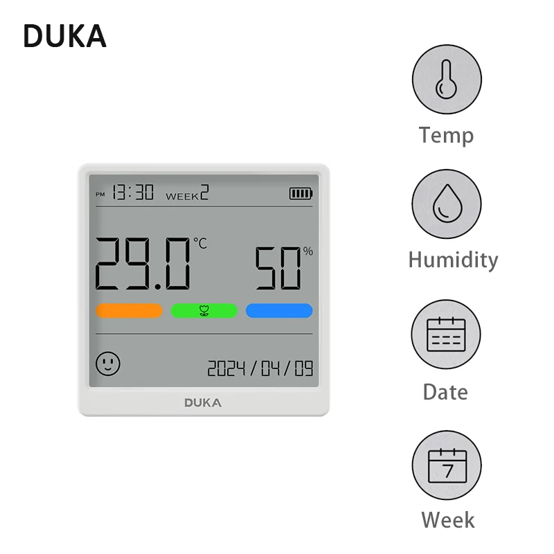 DUKA Atuman الإلكترونية مستشعر درجة الحرارة والرطوبة متر THSE قابلة للشحن ساعة رقمية صغيرة شاشة LCD ميزان الحرارة الرطوبة
