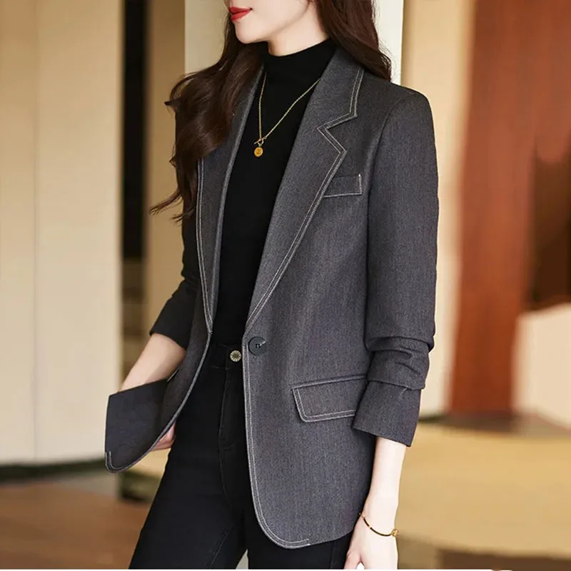 كبار تحسس الرجعية الدنيم البدلة سترة الإناث الخريف الشتاء جديد رداء غير رسمية قمة الموضة النسائية مكتب الملابس المهنية السترة