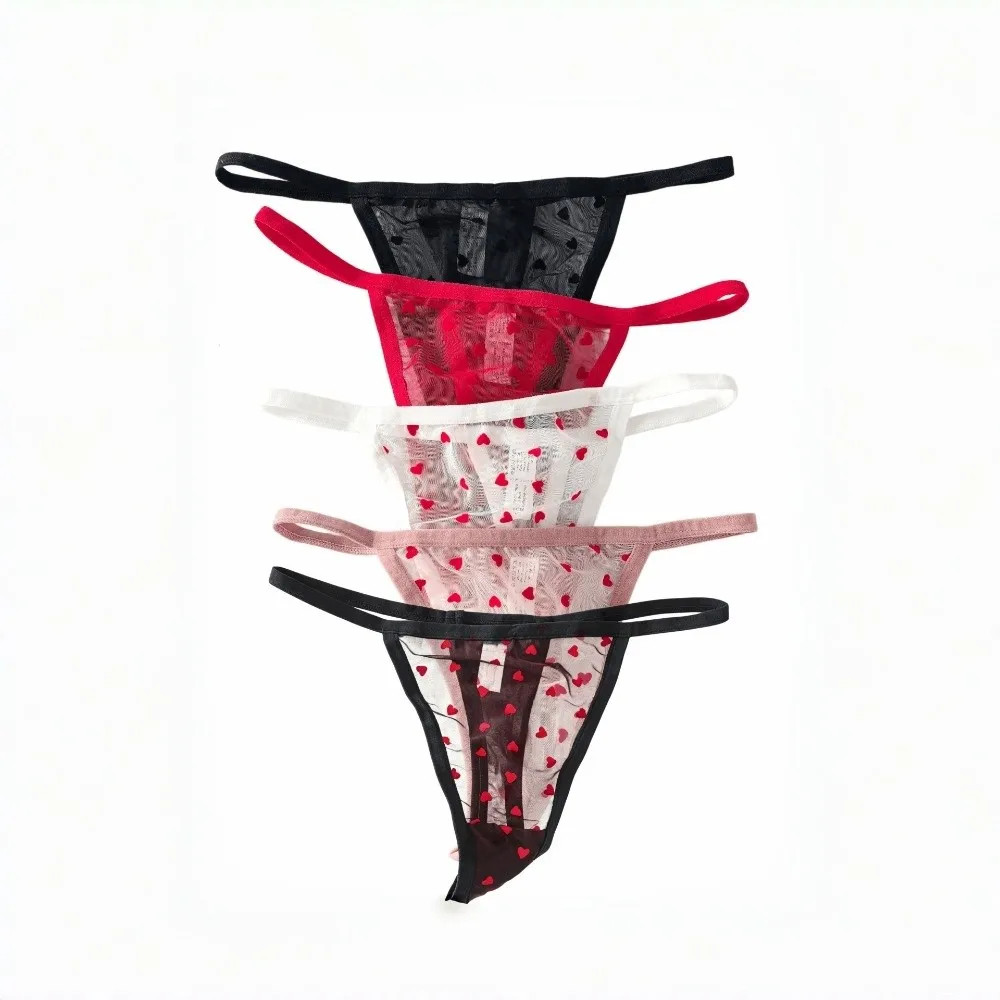 Underpants Heart Mesh Thong Thin Strap Transparent T-back Briefs Low Waist Women Underwear Valentine's Day