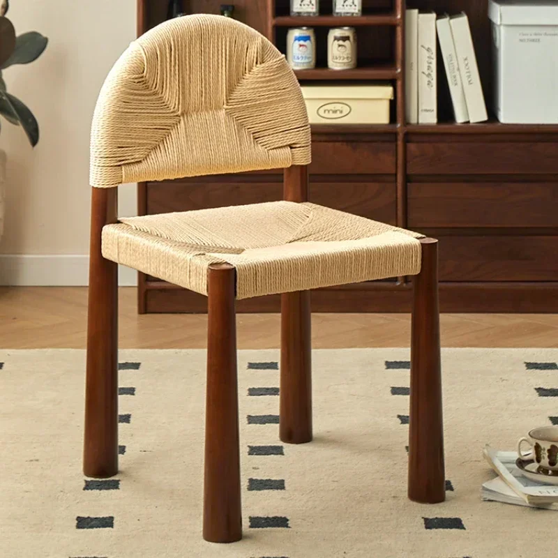 

Vintage Solid Rope Weaving Chair Minimalist Cream Style Single Seat Designer Dining Chair Creative Backrest Modern Furniture