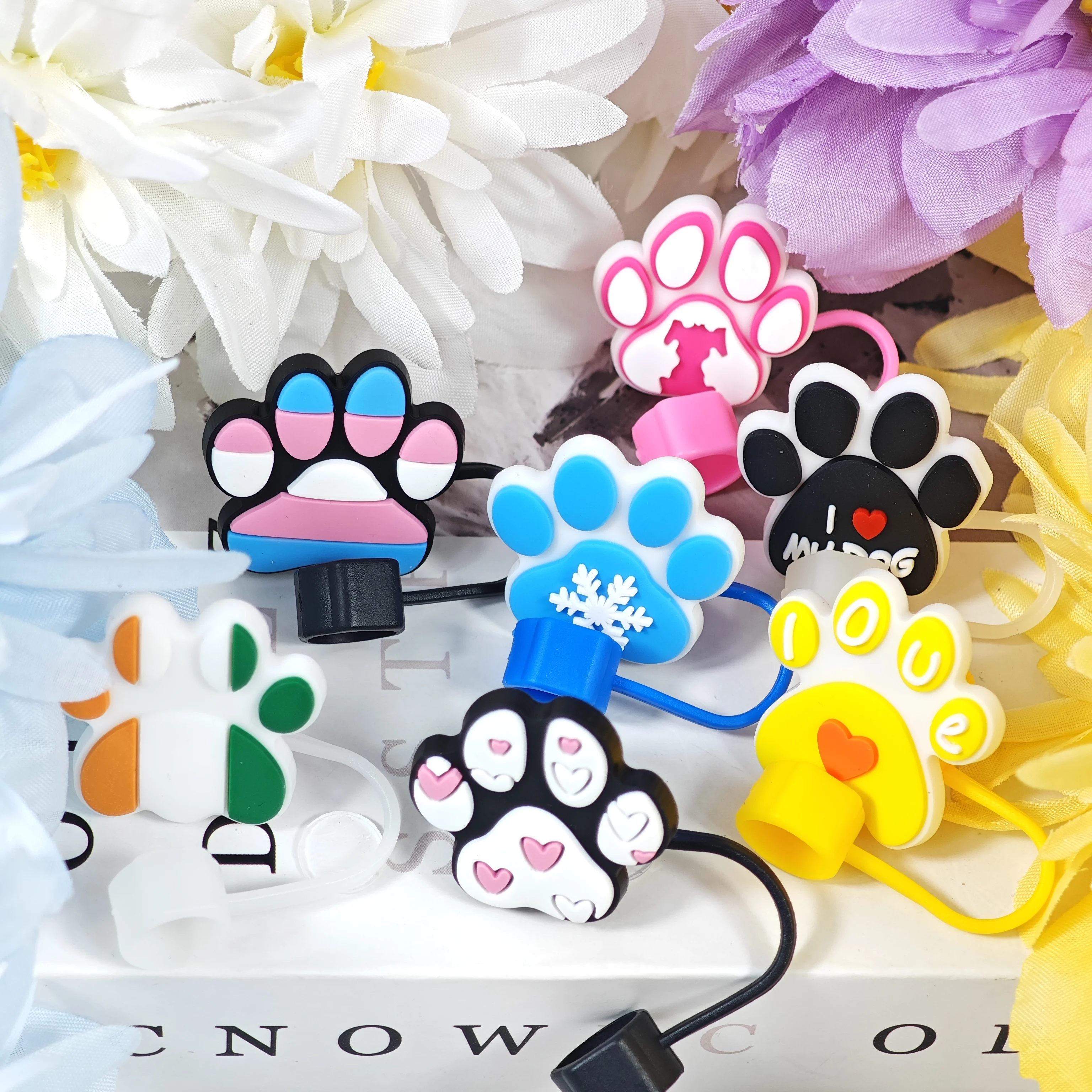 Cute Cartoon PVC Dog Paw Large Diameter 10mm Straw Cap Dust Plug Silicone Straw Cover Protective Case
