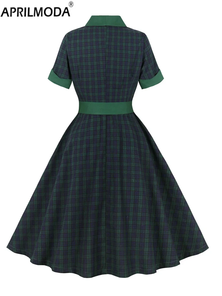 그린 체크 무늬 프린트 50년대 60년대 빈티지 여성용 빅 스윙 드레스 코튼 싱글 브레스티드 버튼 셔츠 쇼트 프롬 파티 드레스
