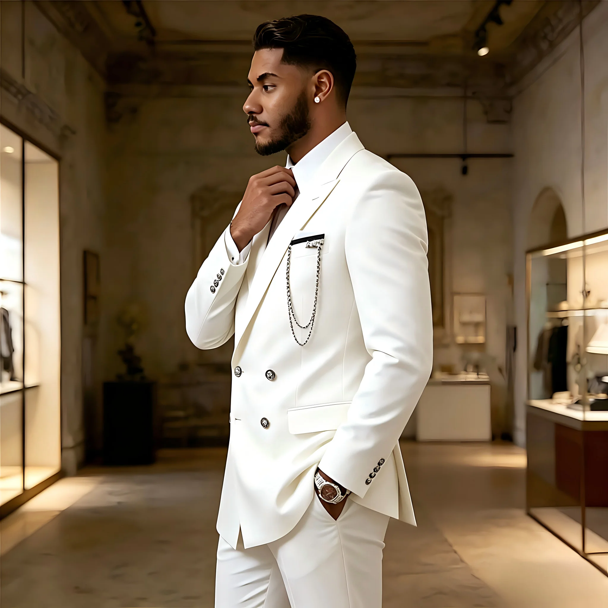 

Elegant Suit Men Unique Design White Double Breasted Prom Groom Blazer Customized 2 Piece Sets Man Business Party Tuxedo Attire